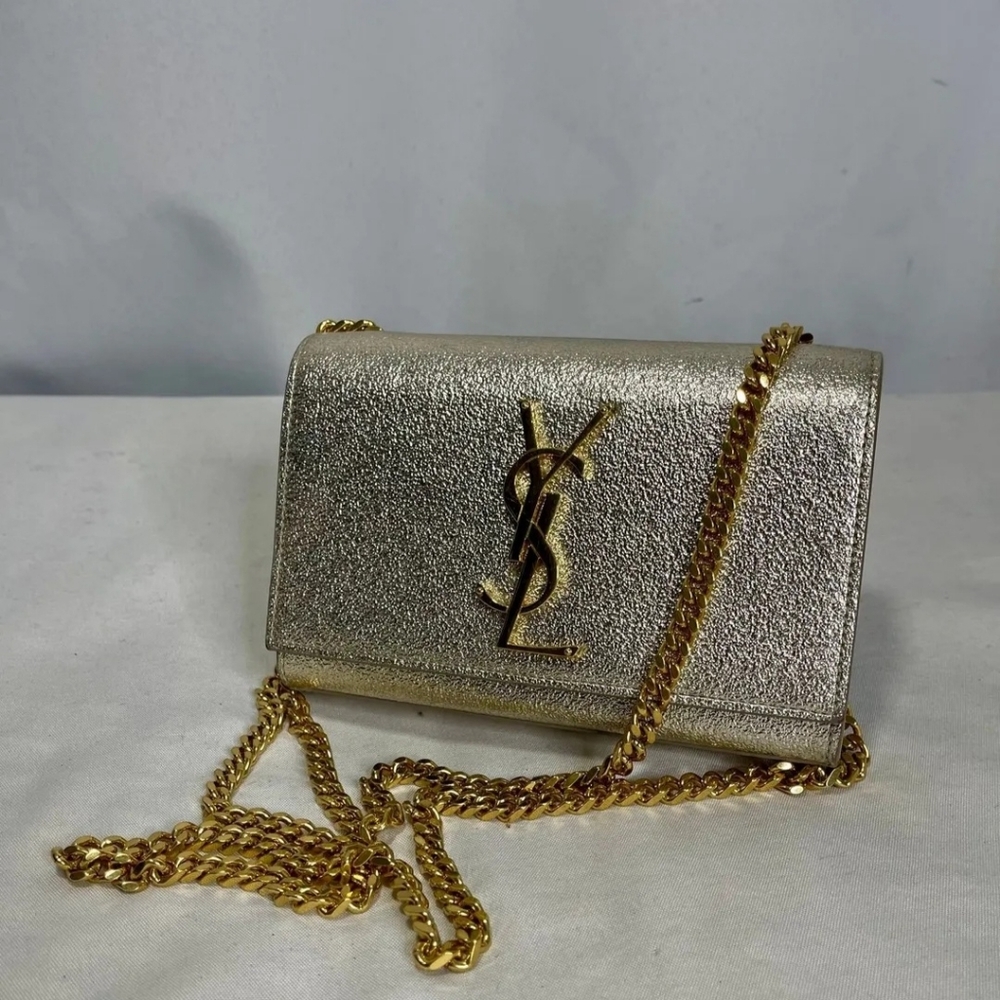YSL Saint Laurent Gold Metallic Leather Mini Kate Crossbody Bag